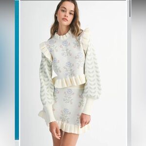 MABLE Floral Knit Sweater TOP and Skirt with Ruffle Details
